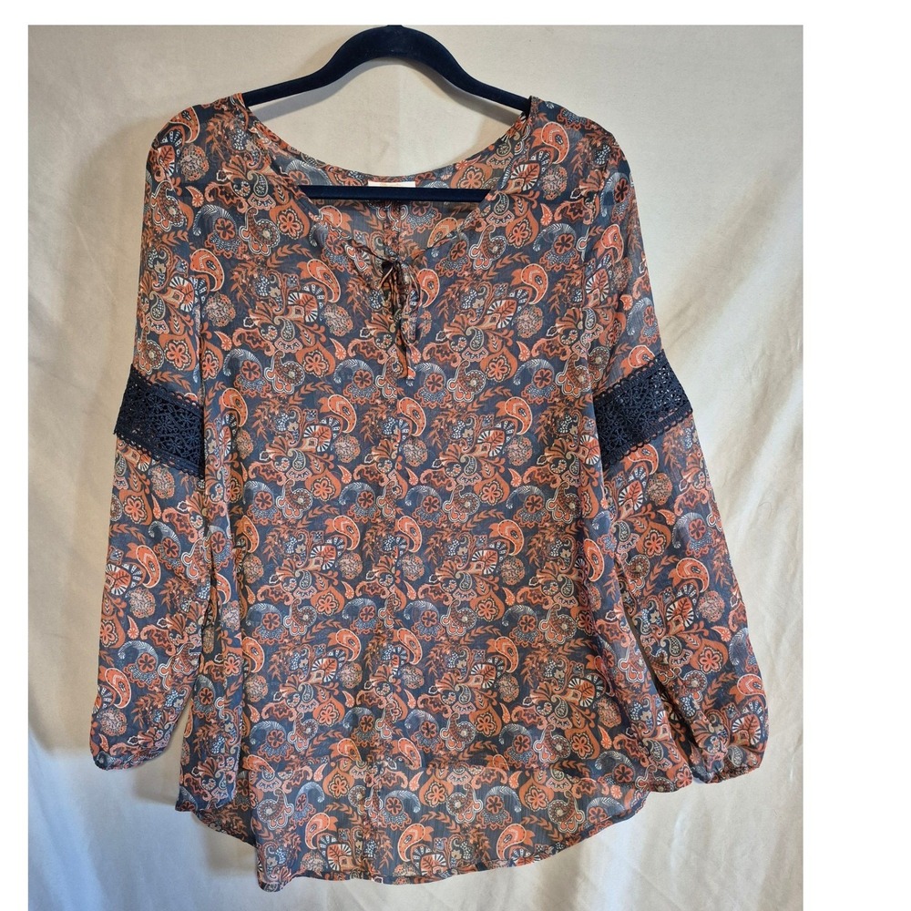 Gauzy Wrangler Paisley Print Long Sleeve Blouse with Lace Detail - Size M